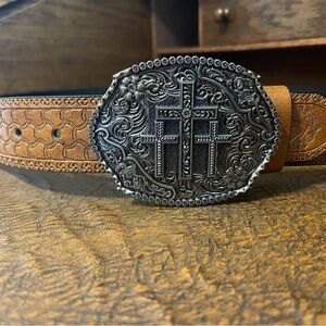 Brown Leather Belt with Ornate Silver Buckle